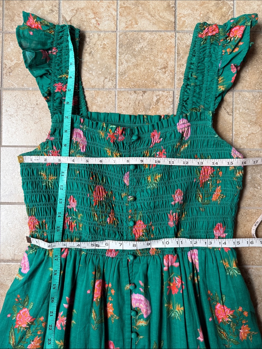 Anthropologie Peregrine Square Neck Midi Dress Pockets Smocked Flounce Teal Pink - Picture 12 of 16